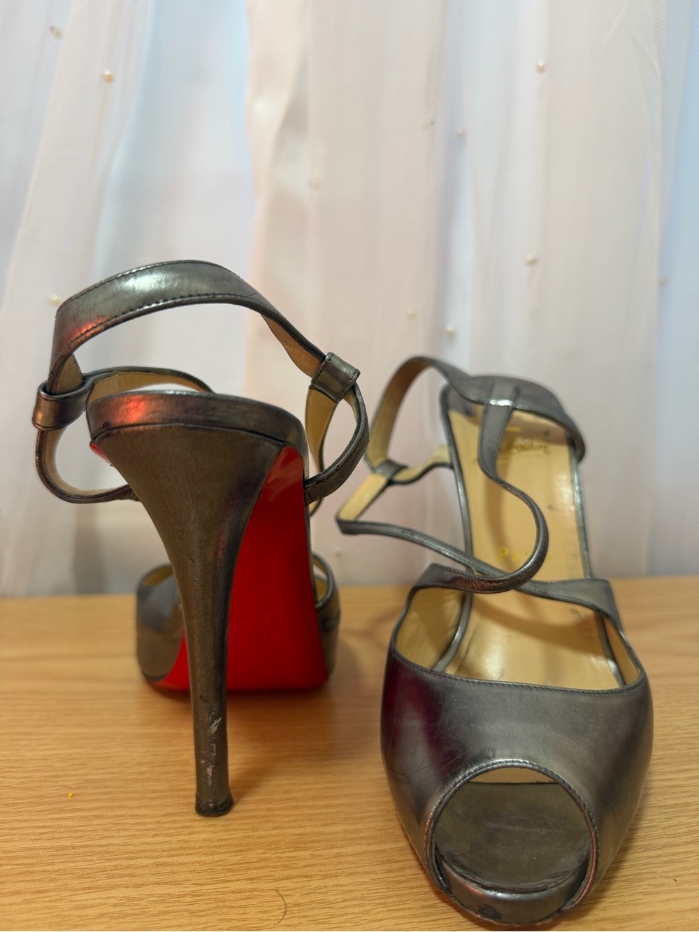 Women's Metallic Gray Peep-Toe High Heels with Red Sole